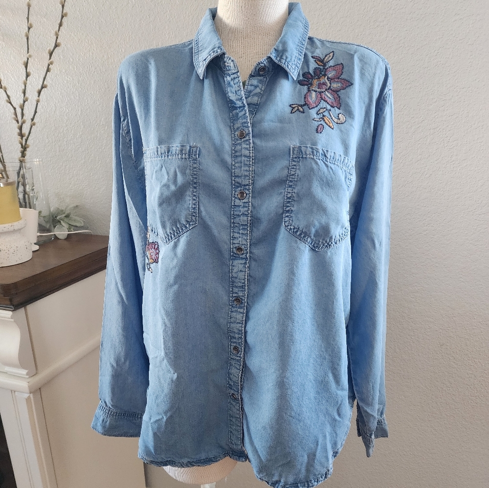 Knox Rose Button Up Embroidered Blue Long Sleeve Collared Women's Top Size XL